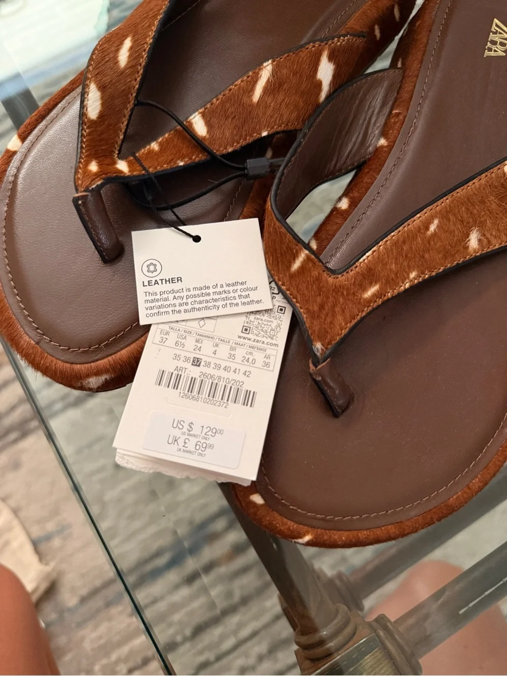 Zara Brown Cow-Print Leather Thong Sandals - Picture 3 of 4